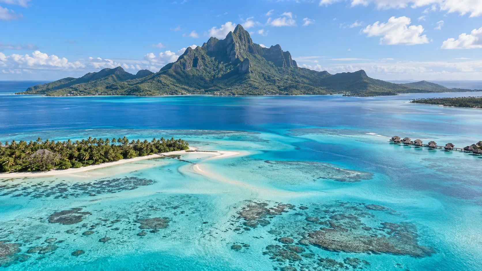 Bora Bora's turquoise lagoon and coral gardens beneath Mount Otemanu.