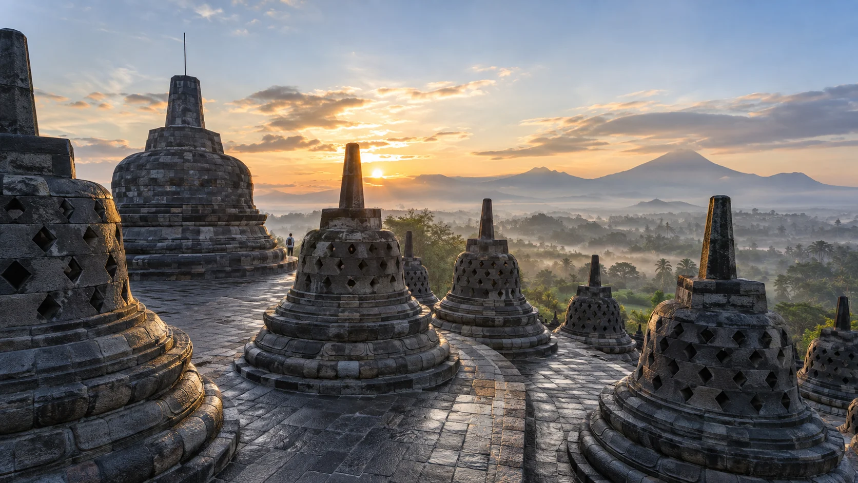 Bell-shaped stupas at Borobudur overlook misty Central Java volcanoes at sunrise.