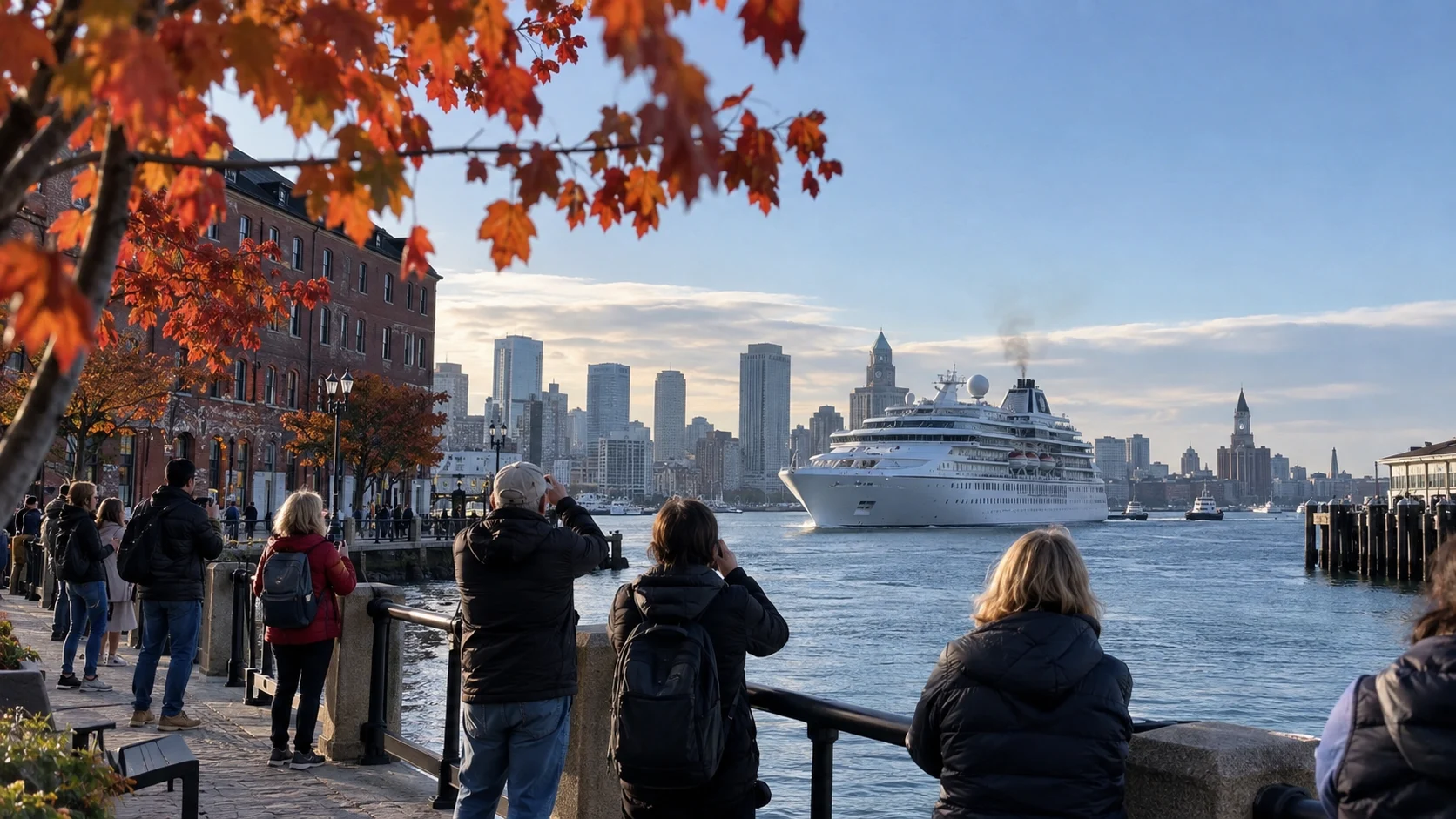 Cruise ship sailing through Boston Harbor past autumn trees and waterfront buildings.