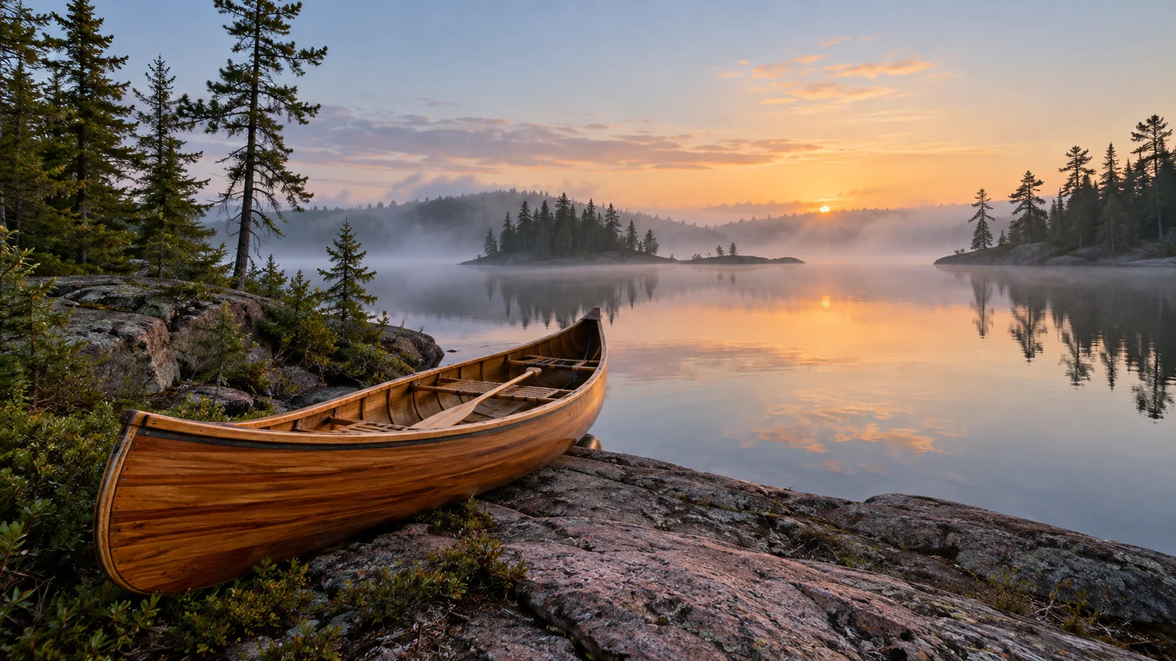 Cedar canoe on a granite point at sunrise in the Boundary Waters