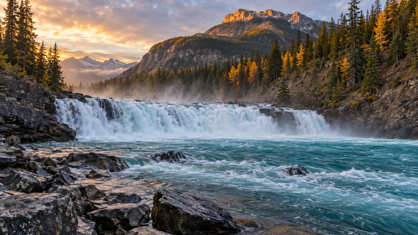 Bow Falls sweeps across the turquoise Bow River beneath autumn mountains in Banff.