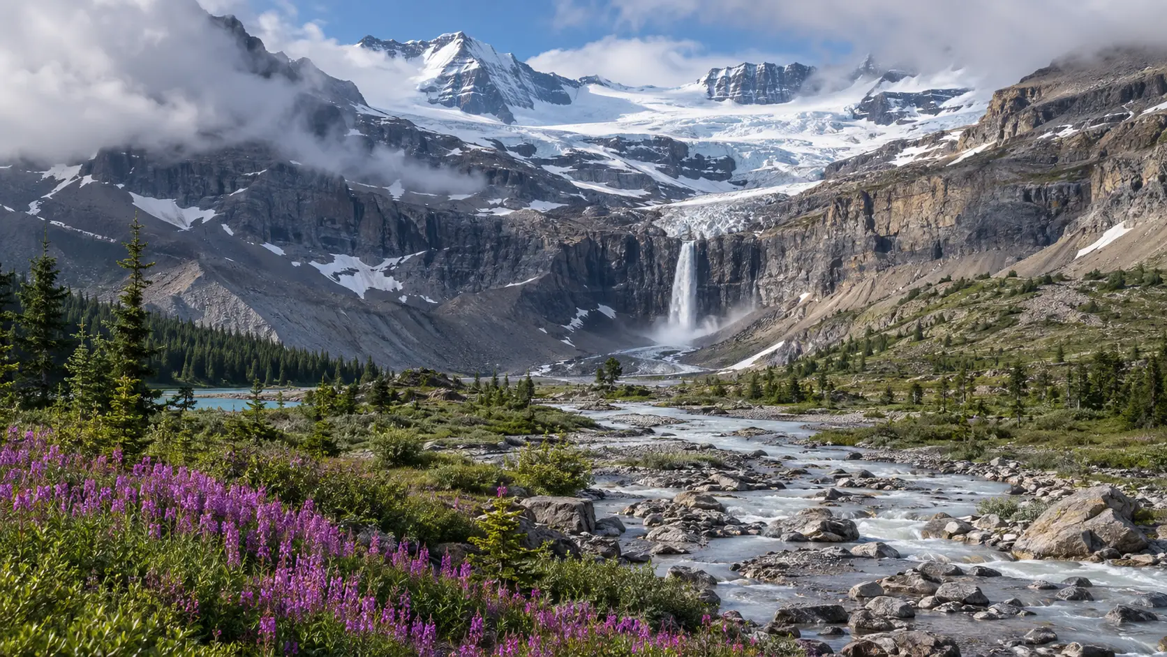 Bow Glacier Falls descends from the Wapta Icefield above an alpine valley in Alberta.