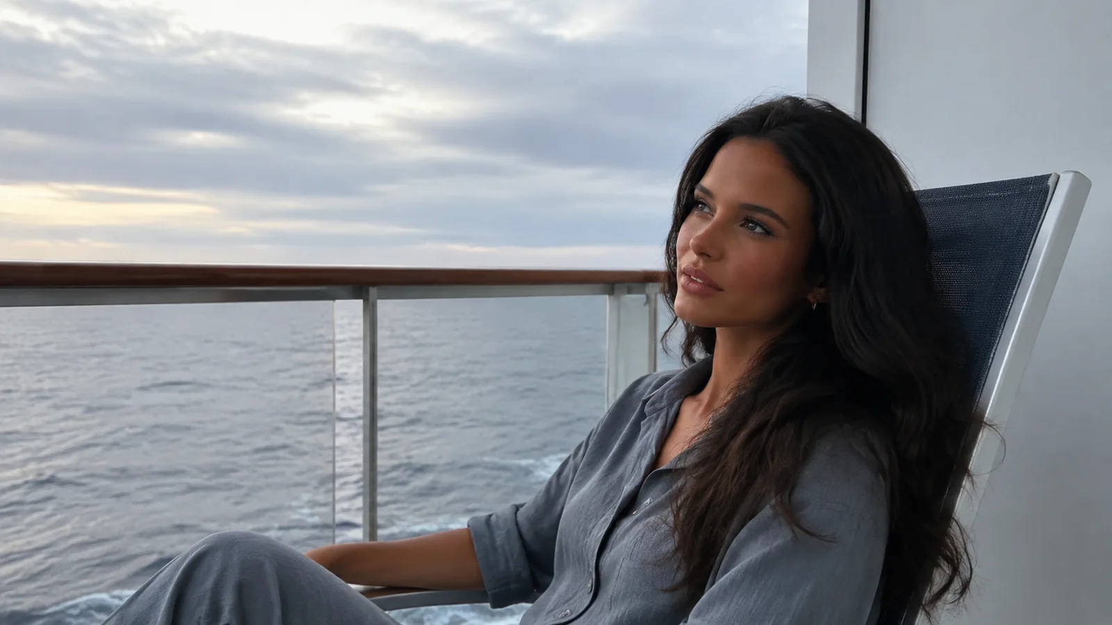 Woman relaxes in a balcony chair overlooking the evening sea.