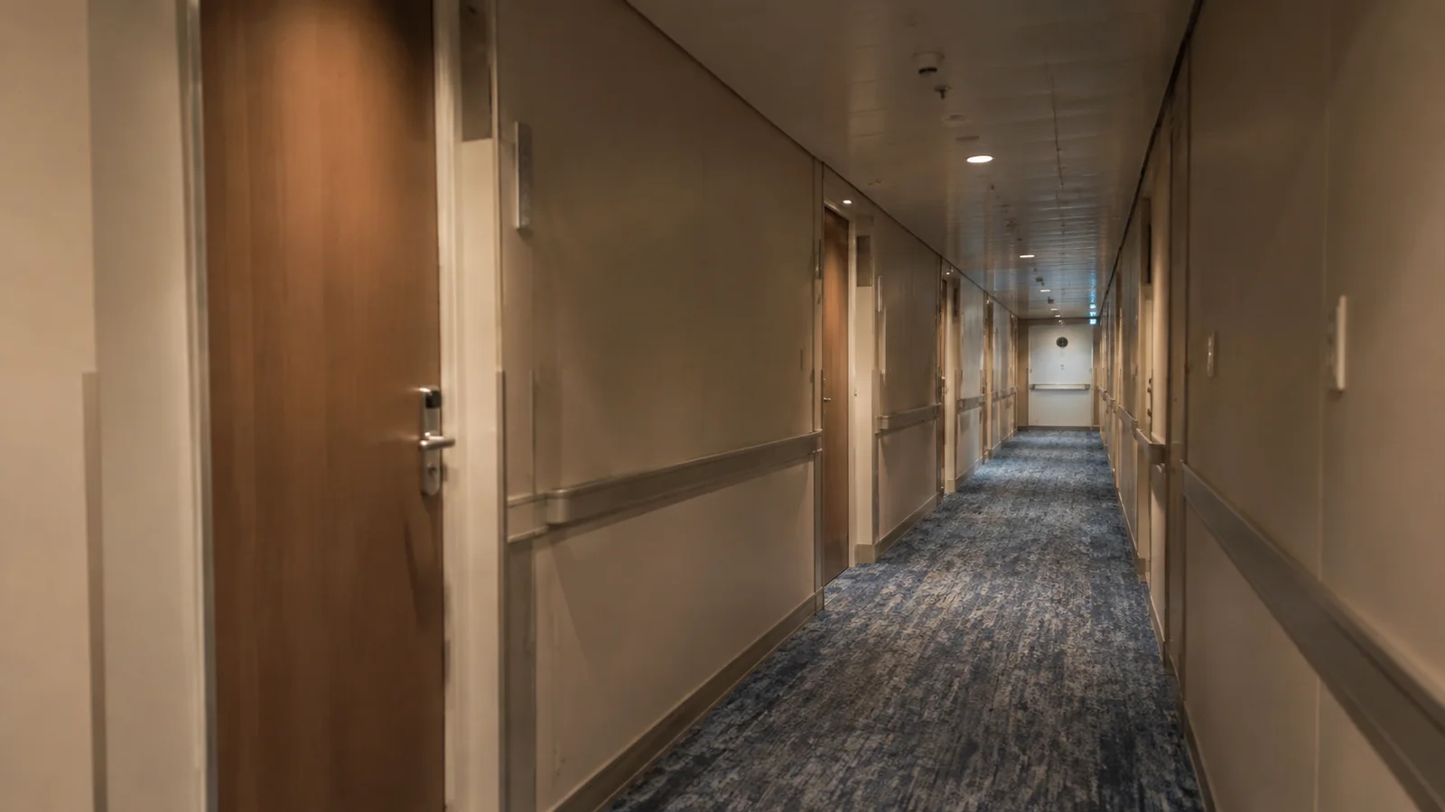 Long empty stateroom corridor has handrails and patterned carpet.