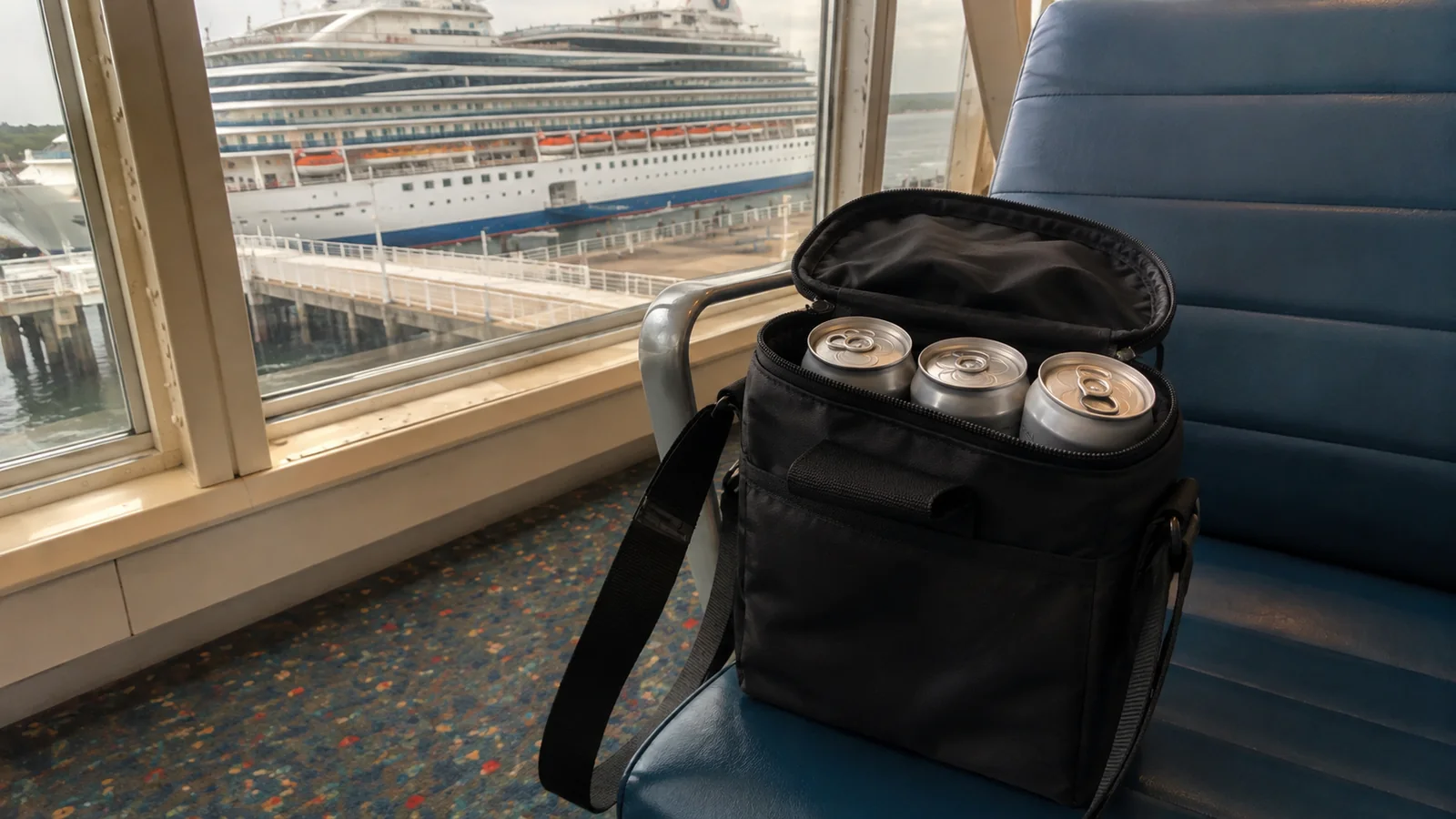 Beverage cans sit inside a small bag on terminal seating.