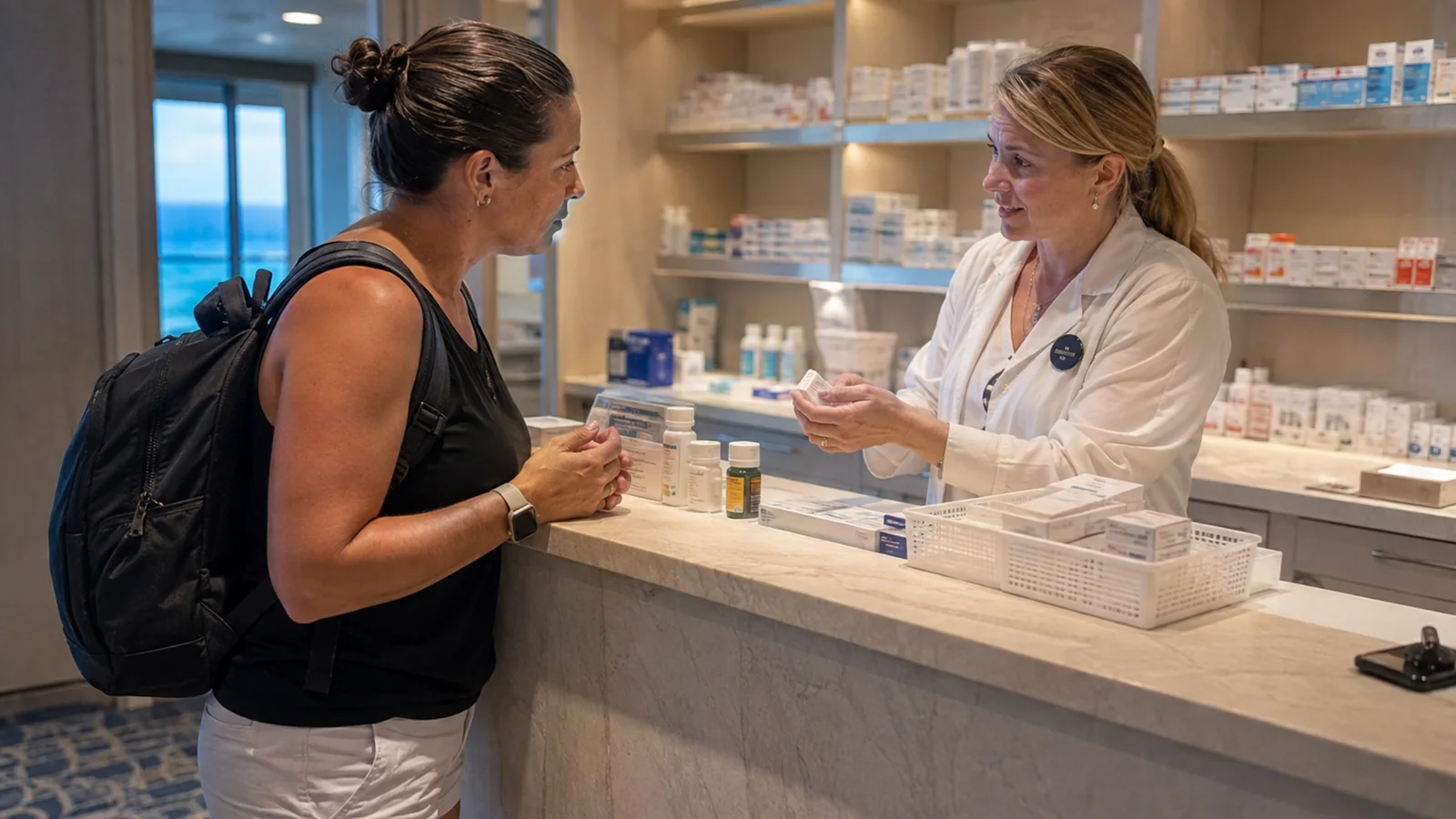 Traveler speaks with a pharmacist across a pharmacy counter.
