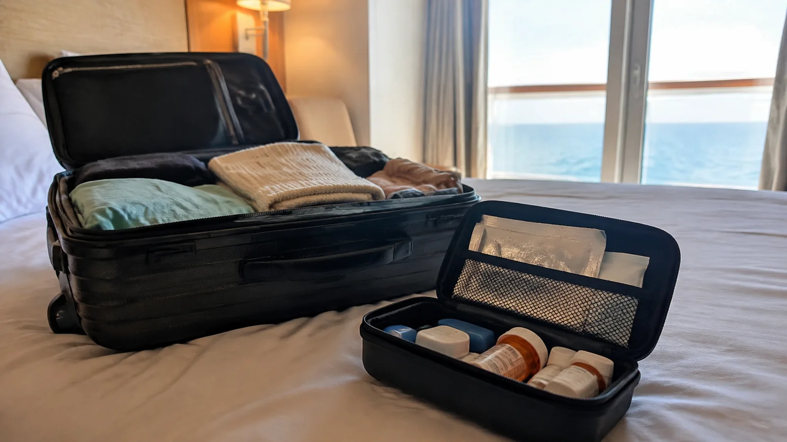 Open medication case and packed suitcase rest on a stateroom bed.