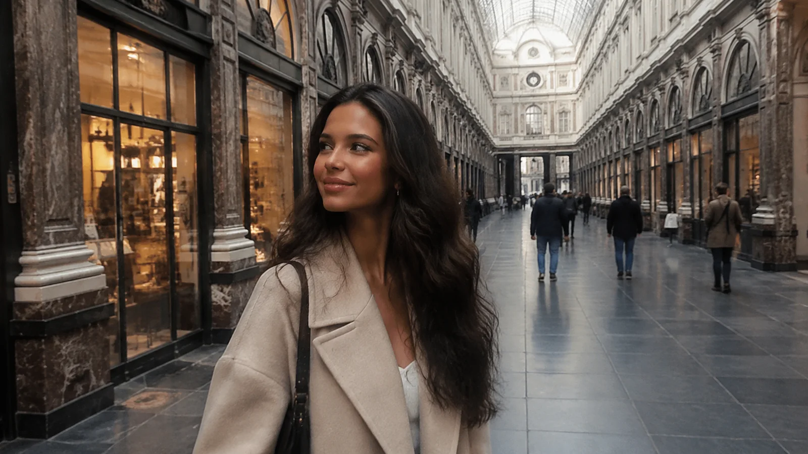 Woman walking through a grand covered shopping arcade.