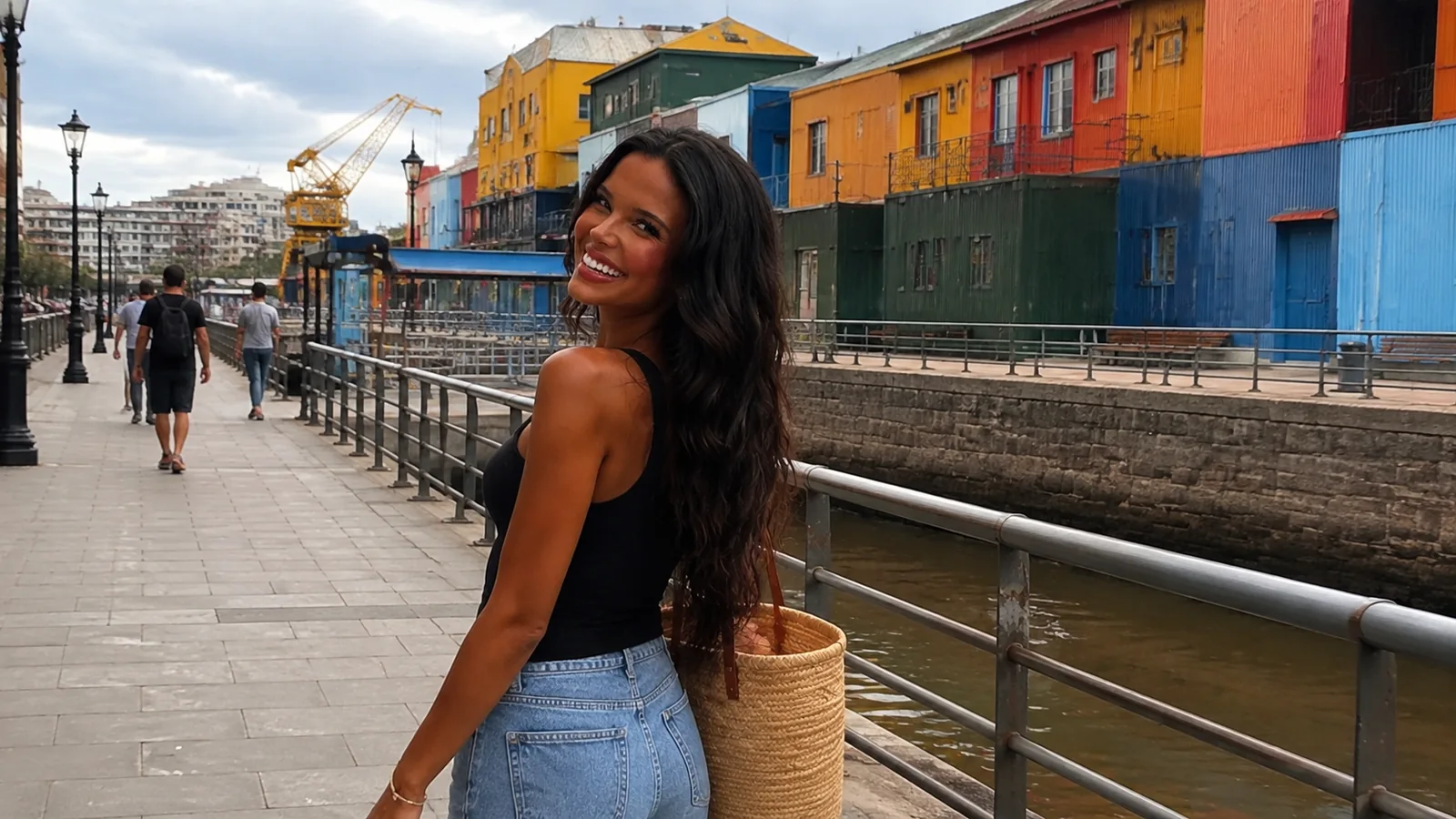 Smiling woman walking along a waterfront promenade beside colorful port buildings