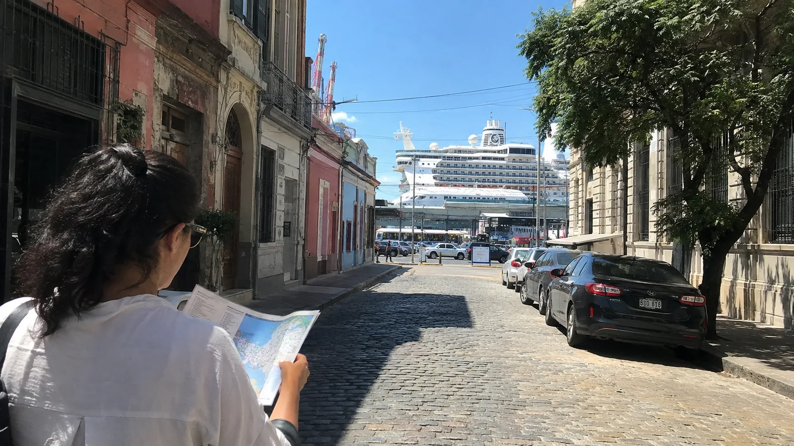 Woman reading a map on a cobblestone street leading toward a docked cruise ship