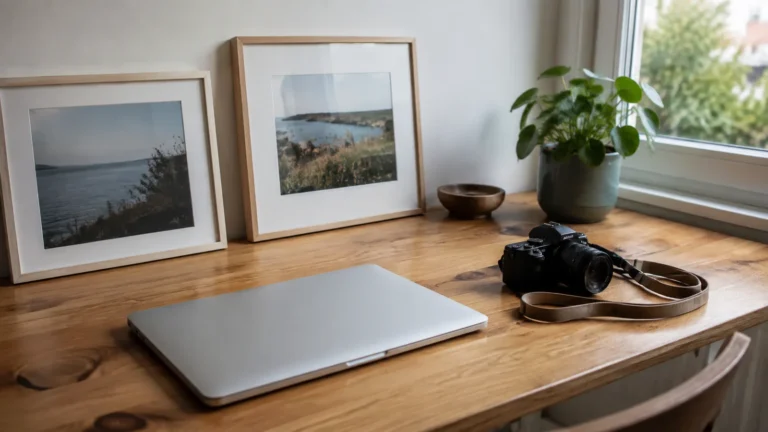 Closed laptop and camera on a wooden desk beneath framed landscape photographs.