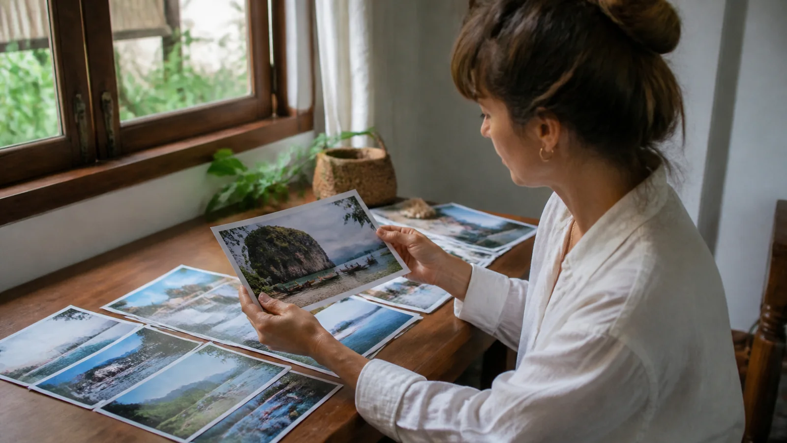 Woman examining printed travel photographs spread across a wooden table.