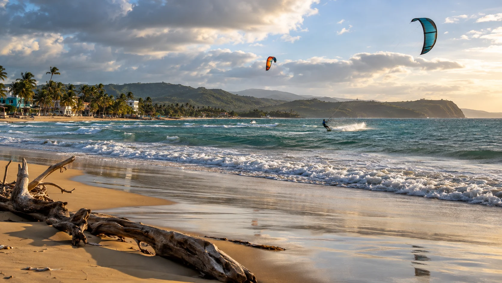 Kitesurfers cross the windy bay at Cabarete beneath fast-moving afternoon clouds.