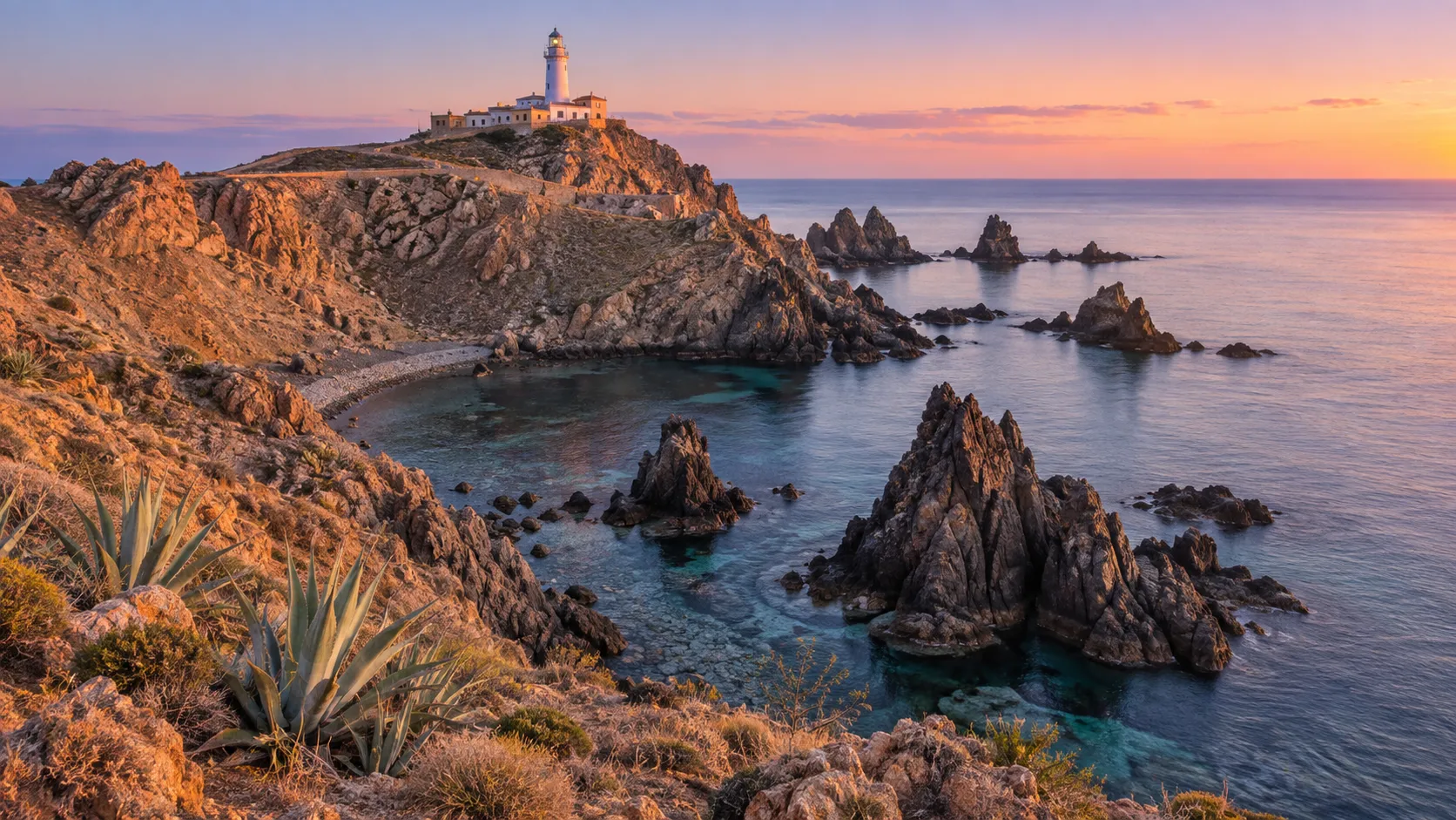 Cabo de Gata Lighthouse above jagged Las Sirenas sea stacks at rose-gold dawn in Almería.