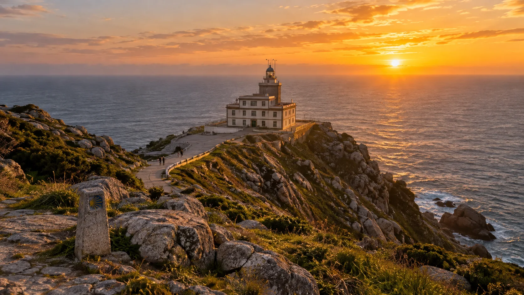 Cabo Fisterra Lighthouse overlooking the Atlantic at golden sunset in Galicia, Spain.
