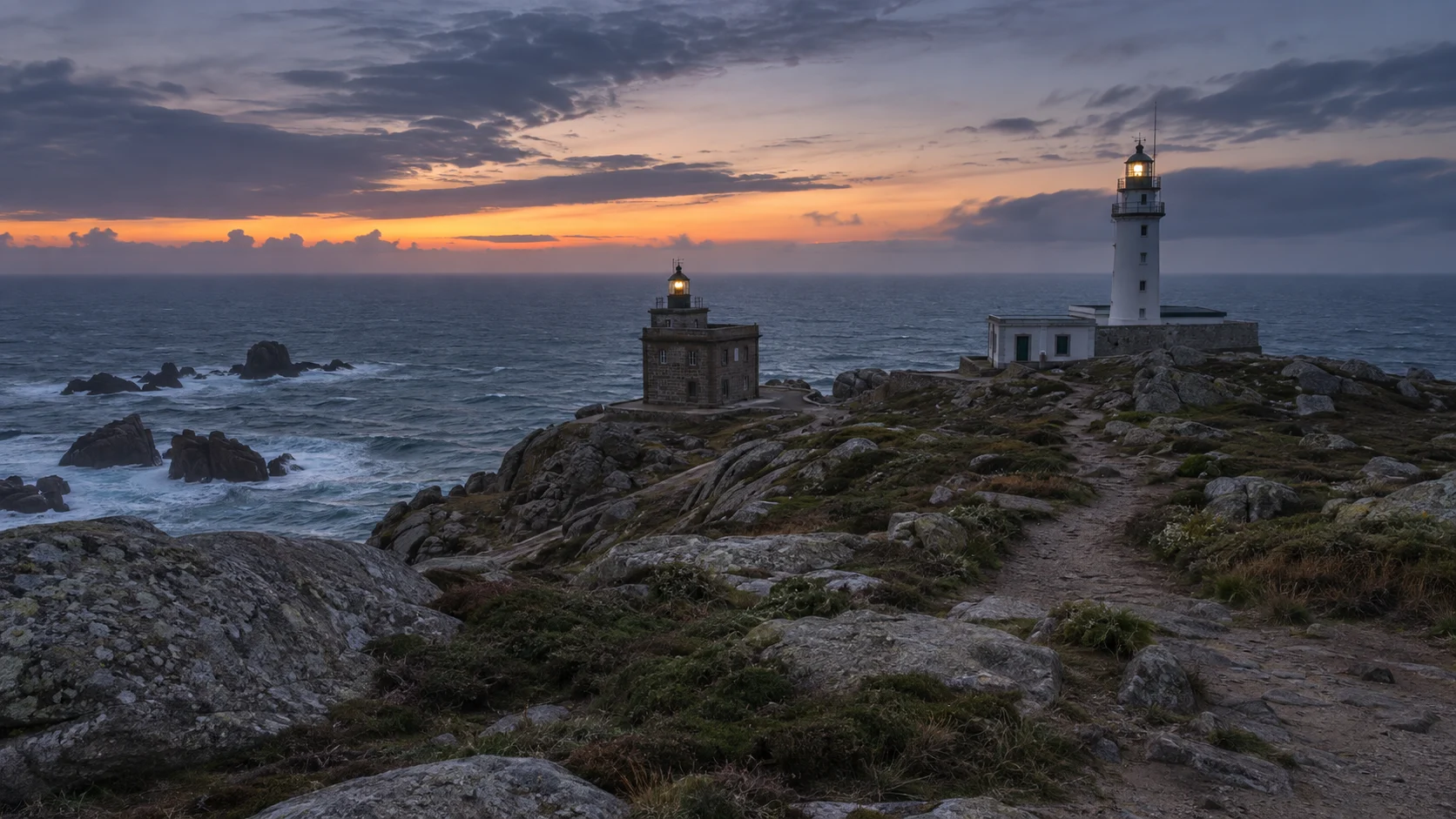 Old and new Cabo Touriñán lighthouses glowing at blue hour on a remote Galician headland.