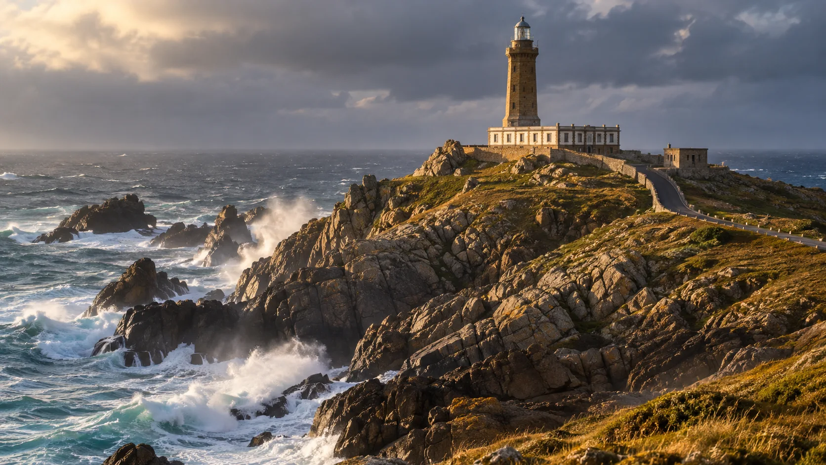 Cabo Vilán Lighthouse catching warm light above stormy waves on Spain's Costa da Morte.