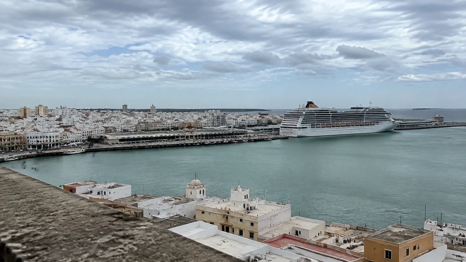 Cruise ship docked in a harbor beyond white city rooftops