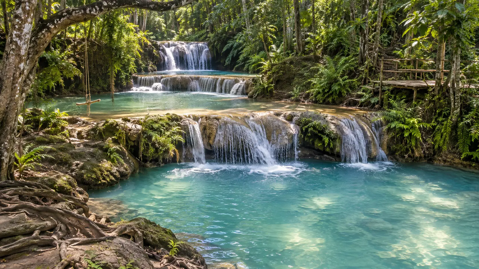 Three limestone cascades and turquoise pools at Cambugahay Falls on Siquijor Island.