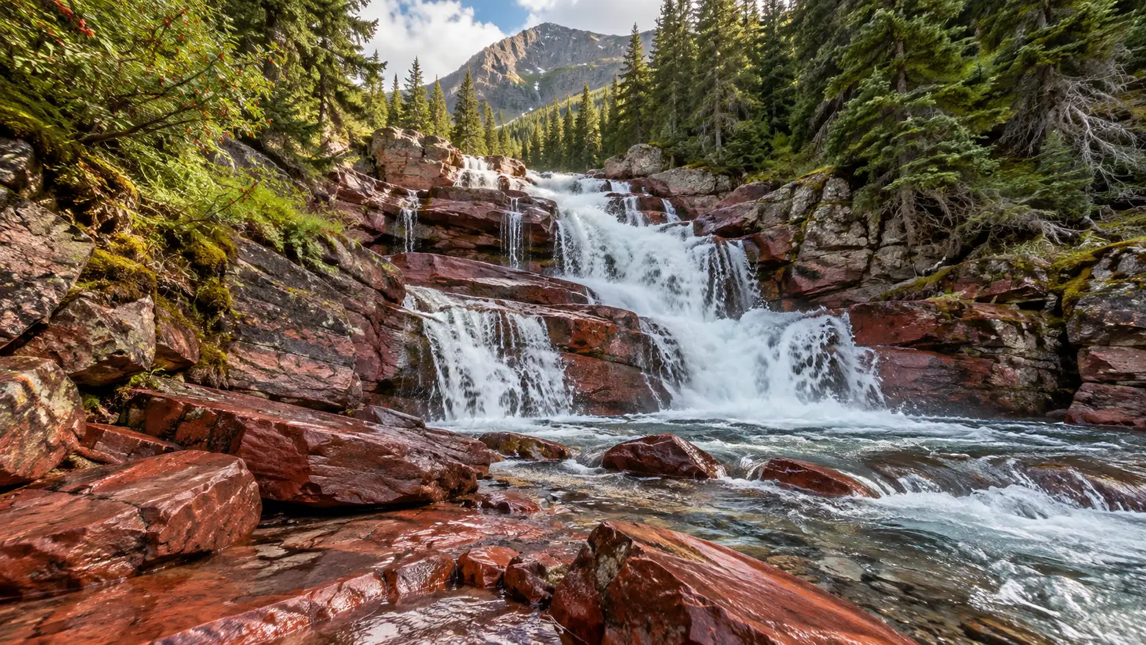 Cameron Falls cascades over red argillite ledges beneath mountain forest in Waterton, Alberta.
