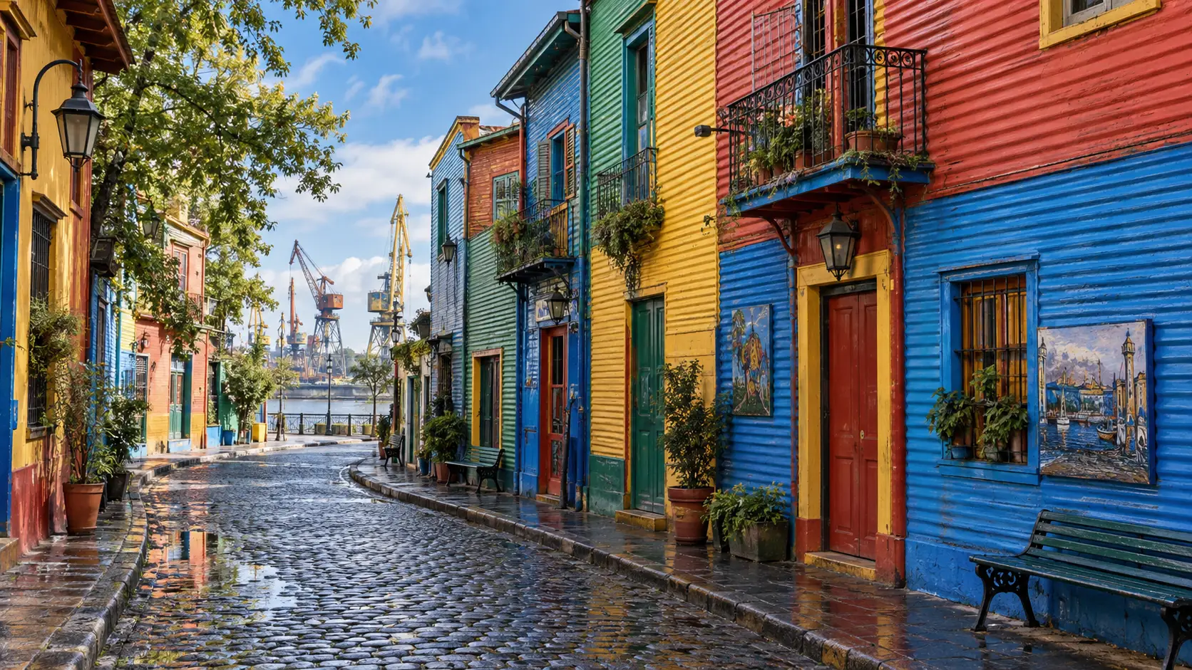 Colorful corrugated houses and wet cobbles along Caminito in La Boca