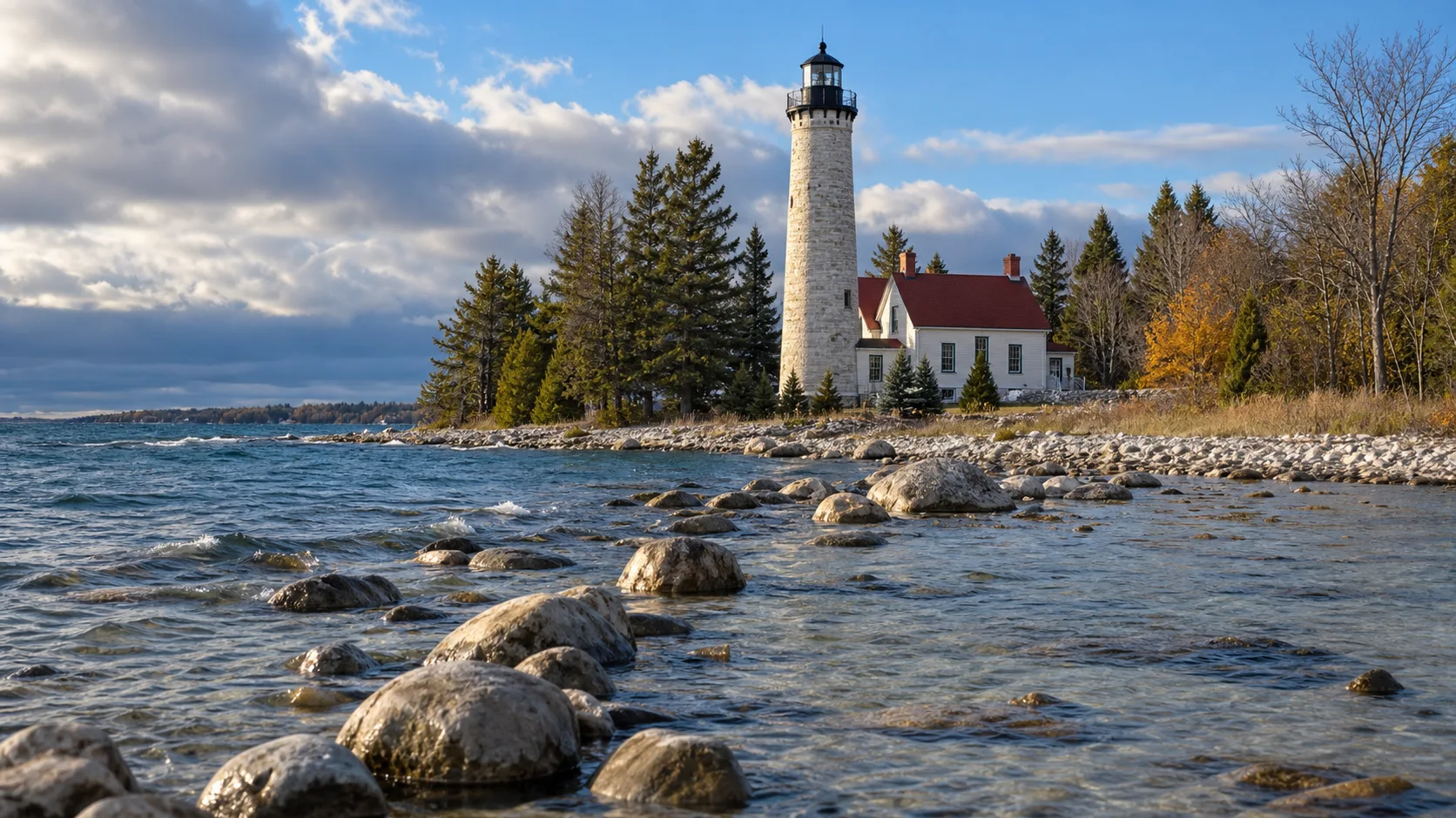 Cana Island Lighthouse and its white keeper's quarters beside the rocky Door County shoreline