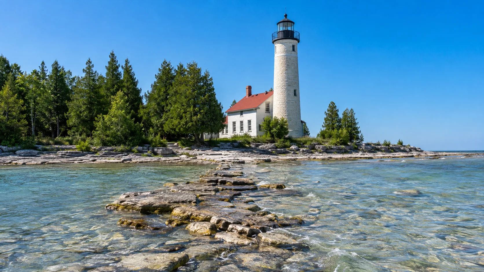 Cana Island Lighthouse beyond the shallow Lake Michigan stone causeway