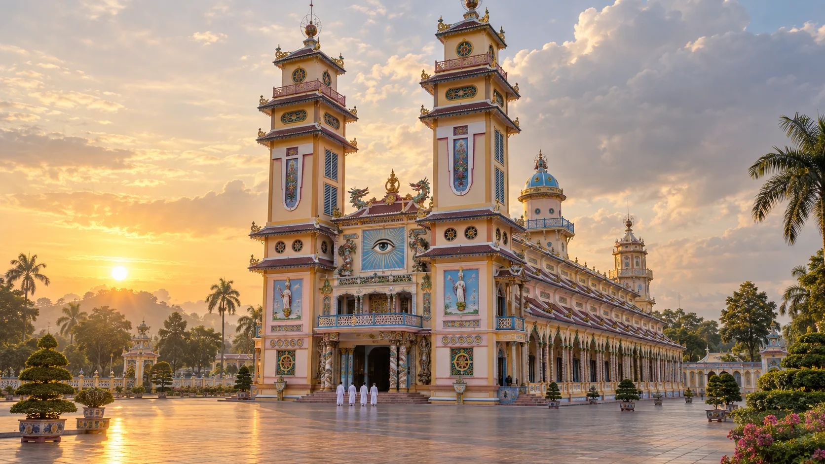 Pastel twin towers and the Divine Eye facade of the Cao Dai Holy See at sunrise in Tay Ninh.