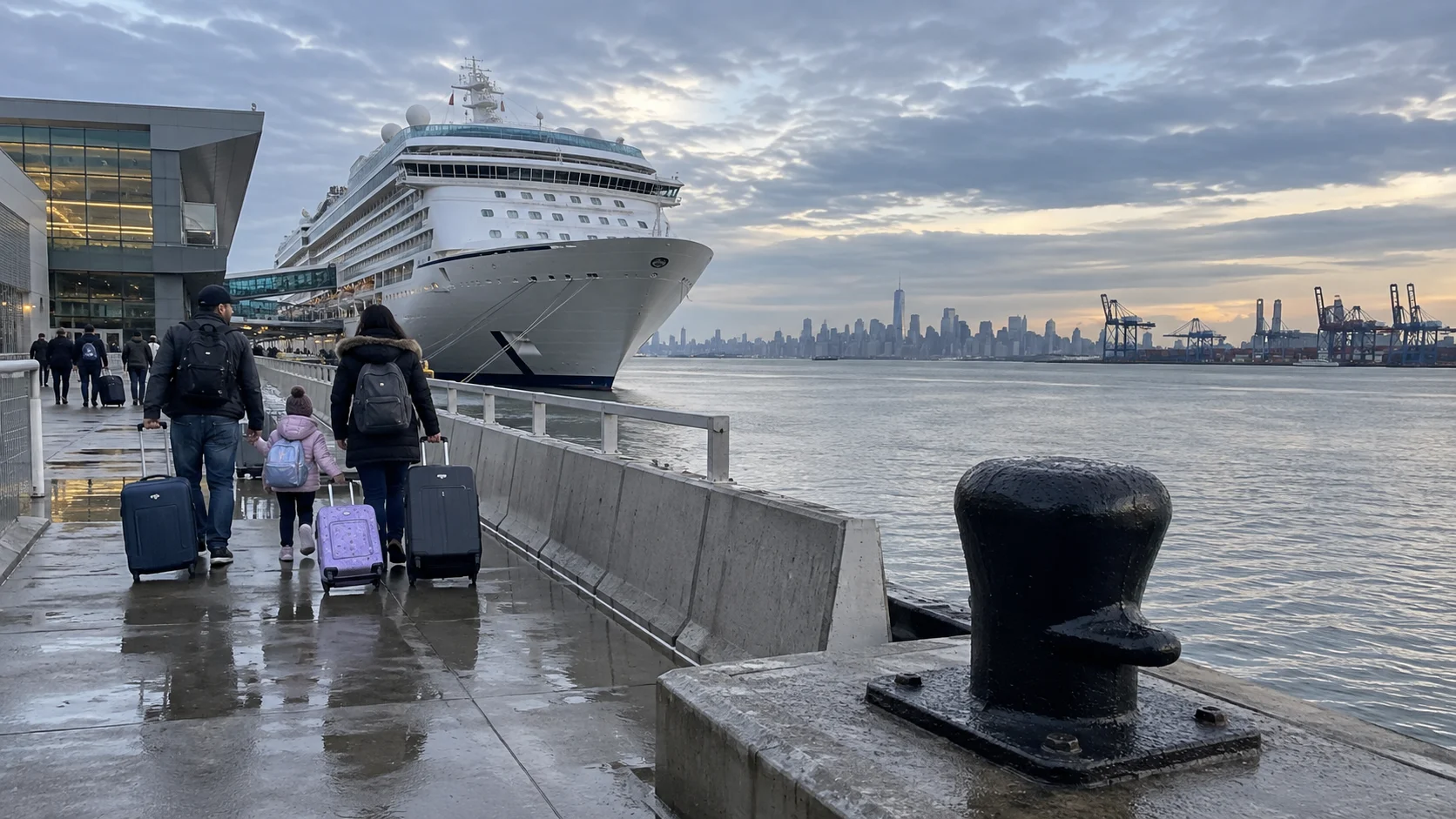 Family rolling luggage beside a cruise ship at Cape Liberty with Manhattan in the distance.