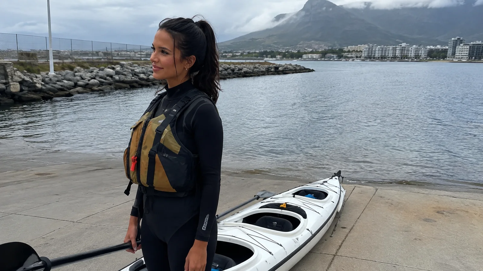 Woman wearing a life jacket stands beside a kayak at a harbor.