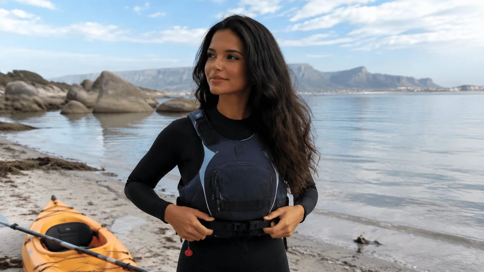 Woman adjusting her life jacket beside a kayak on a rocky beach.