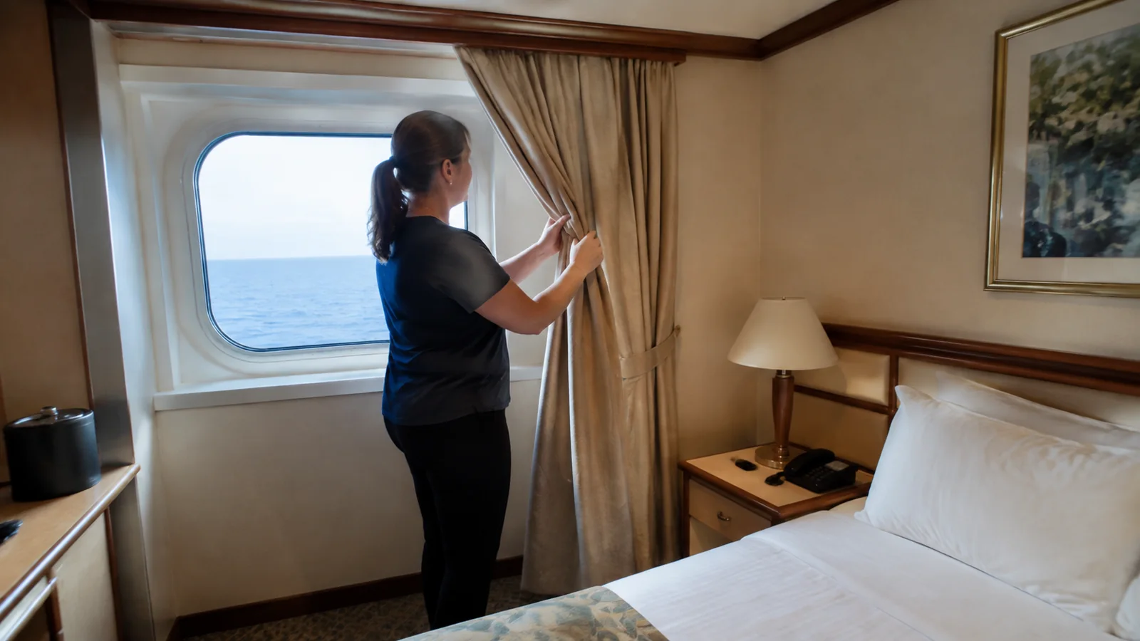 Woman draws curtains beside an oceanview stateroom bed and lamp.