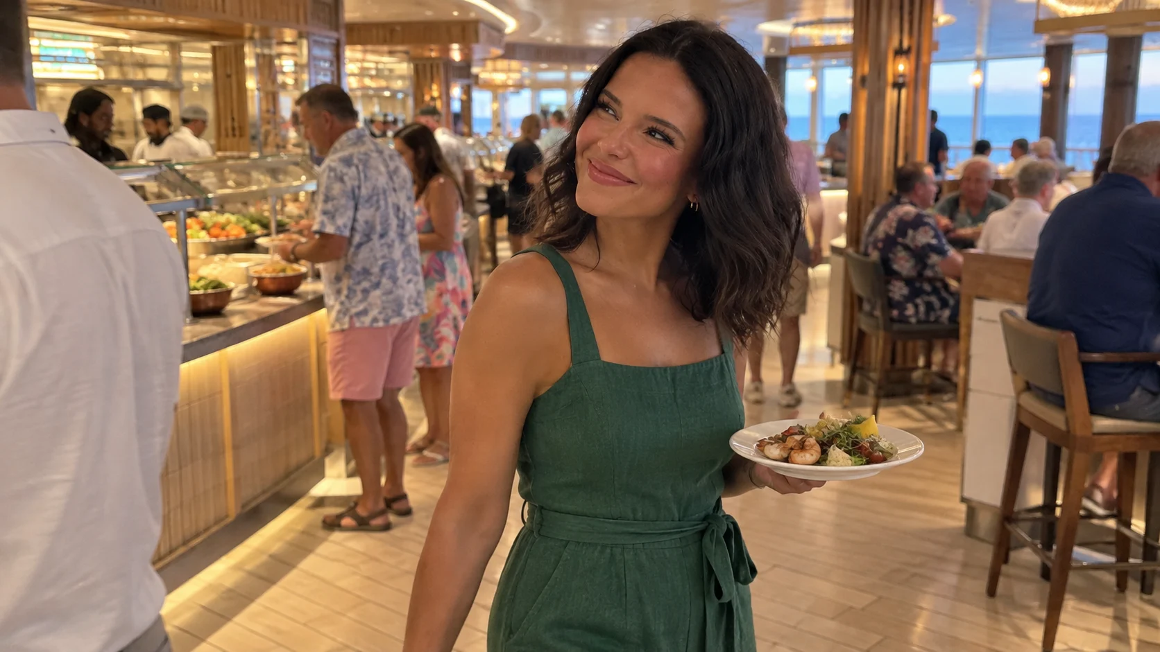 Ellie carrying a plate through a lively modern cruise ship food hall.
