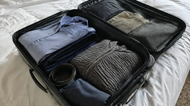 Open suitcase packed with a collared shirt, trousers and a belt.