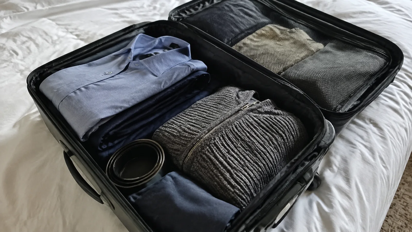 Open suitcase packed with a collared shirt, trousers and a belt.