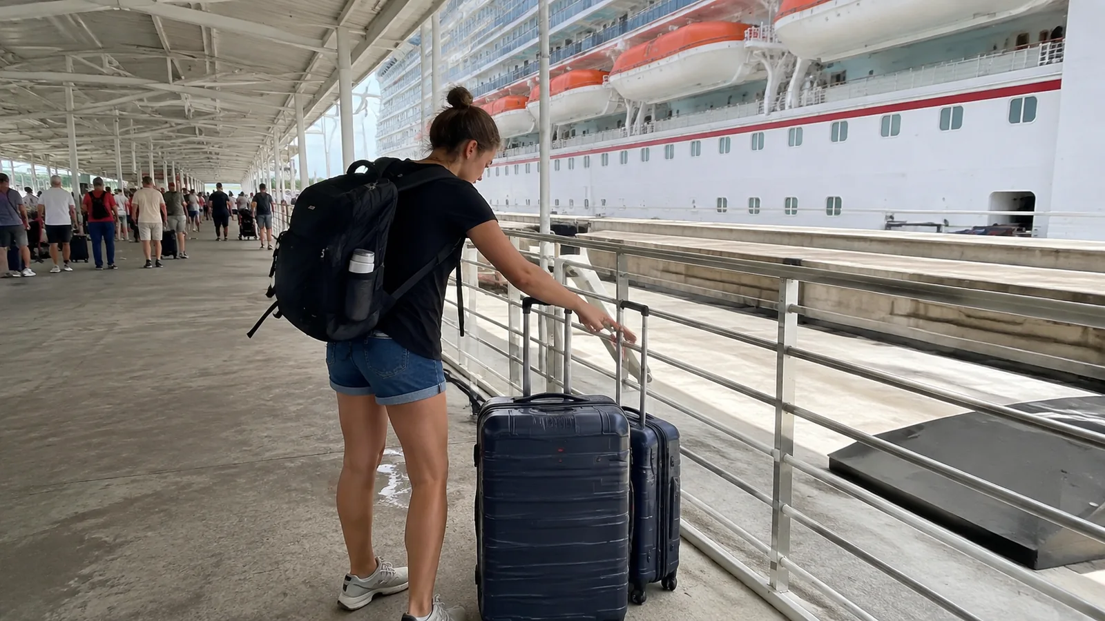 Woman pulling a suitcase along a cruise terminal beside a ship