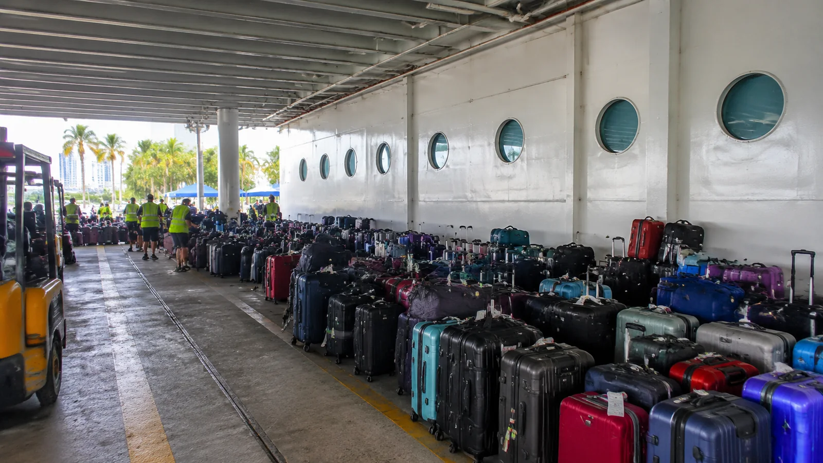 Rows of suitcases lined up under a cruise terminal beside a ship