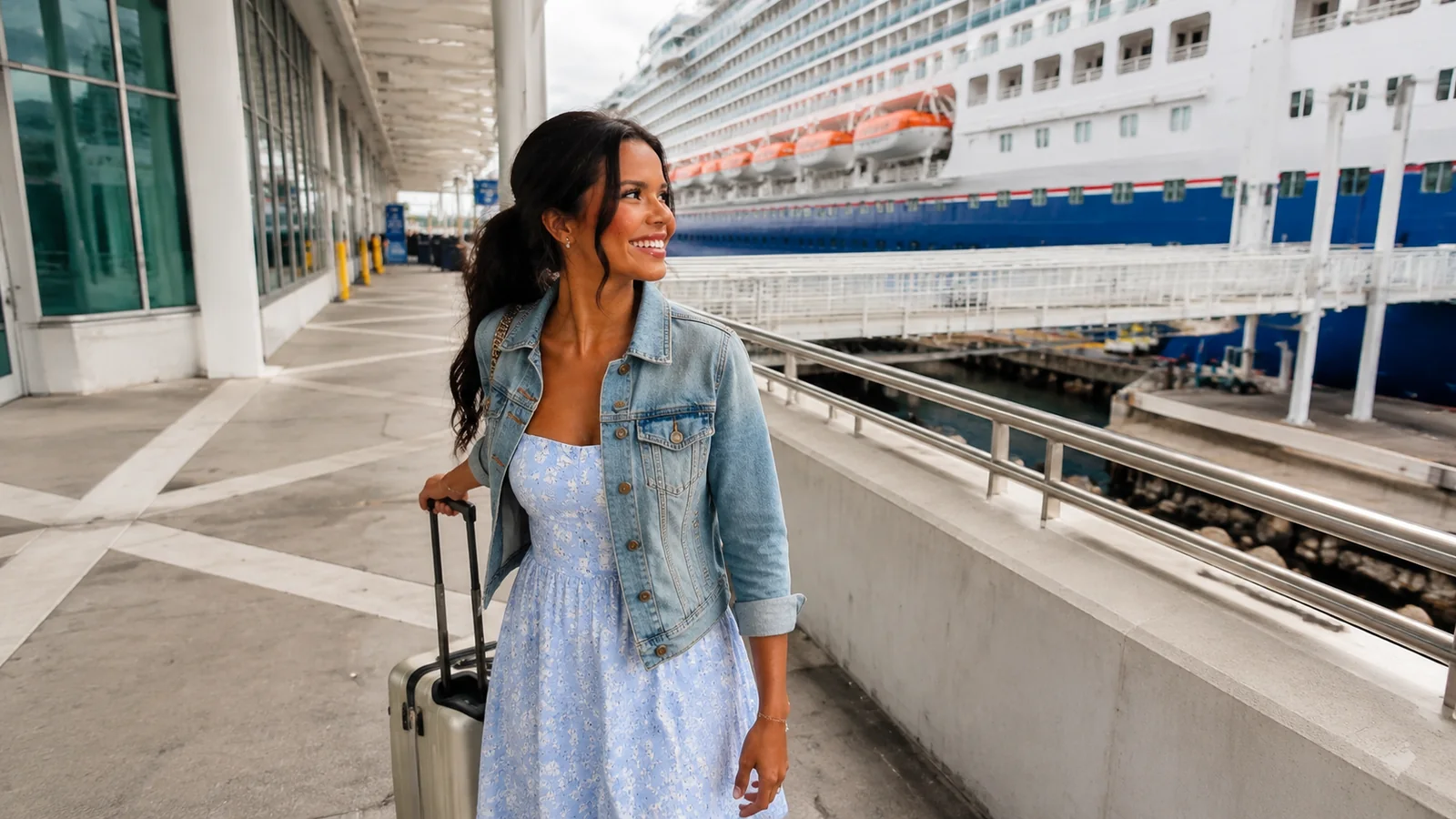 Smiling woman pulling a suitcase through a cruise terminal