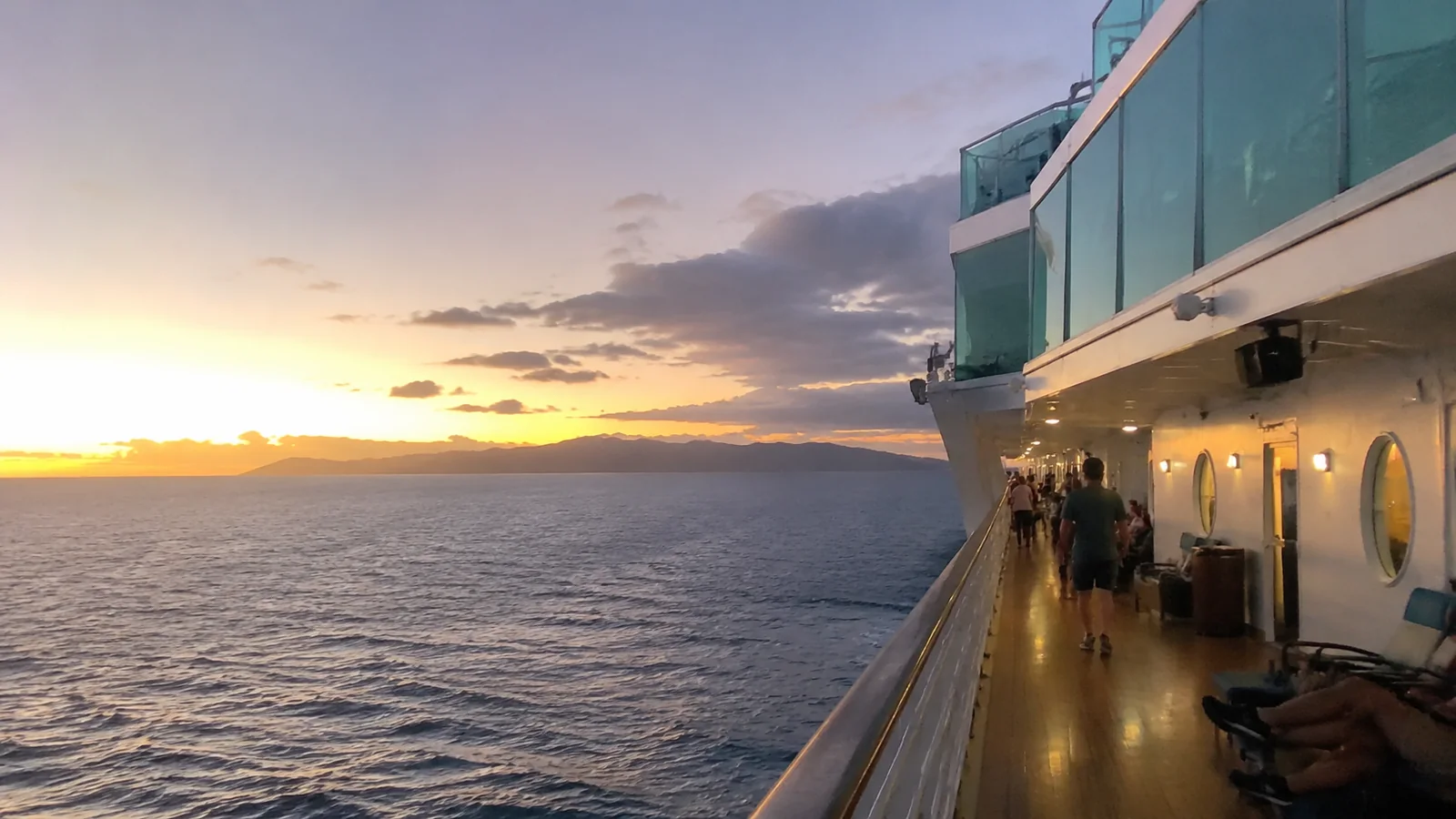 Cruise ship exterior promenade at sunset