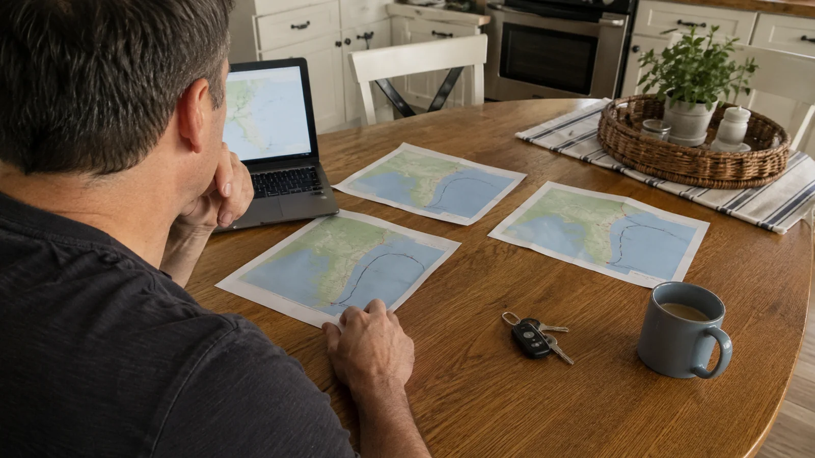 Man comparing maps at a table with a laptop and car keys