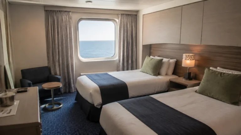 Twin beds and a small seating area fill an oceanview stateroom.