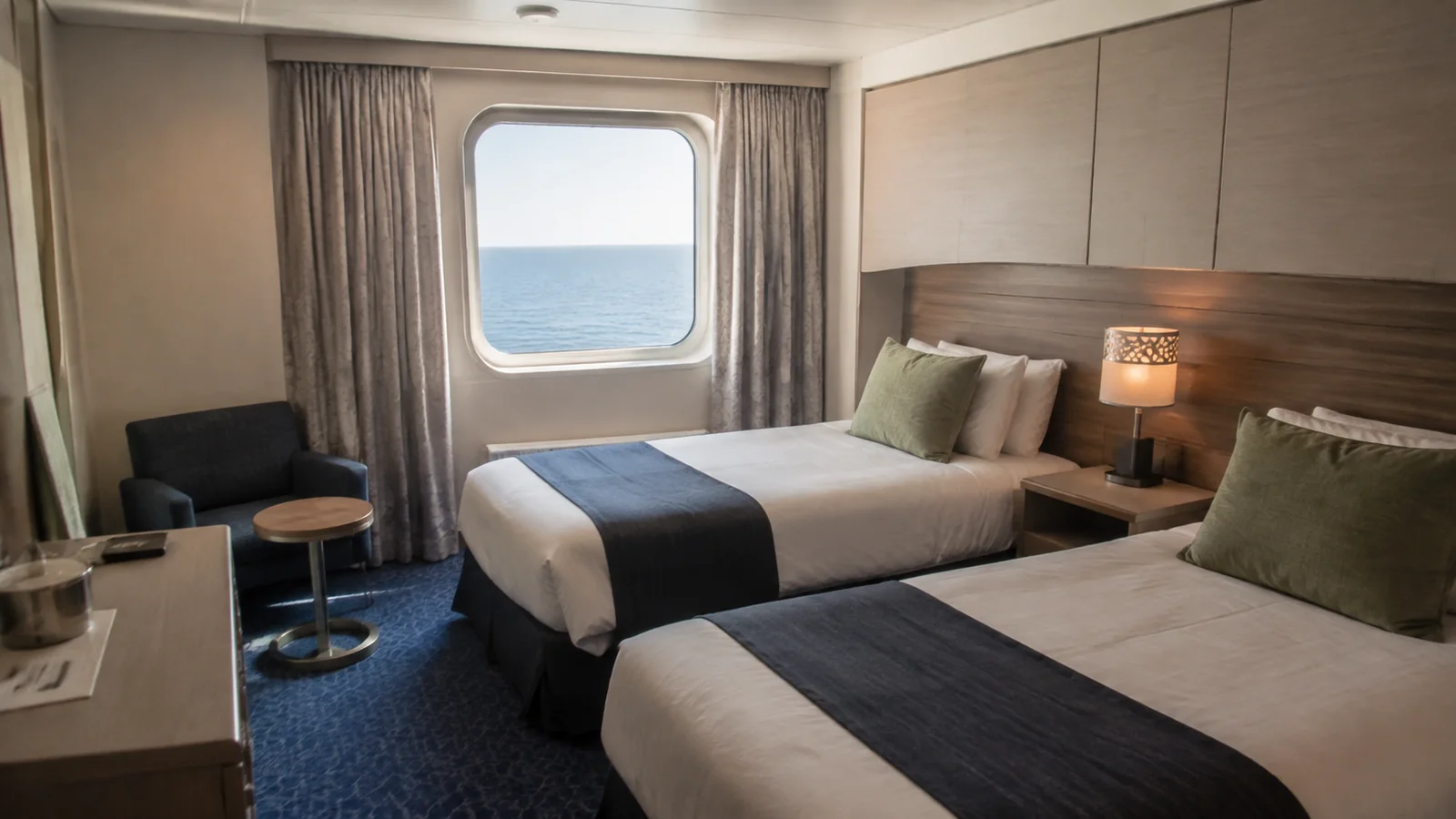 Twin beds and a small seating area fill an oceanview stateroom.
