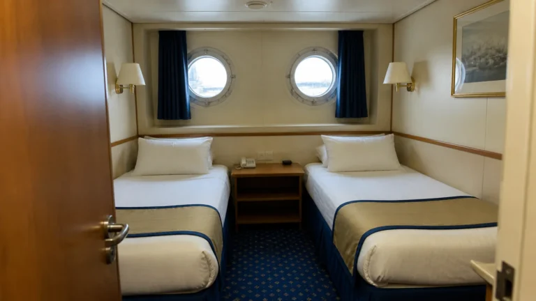 Twin beds beneath two round portholes in a compact cabin.