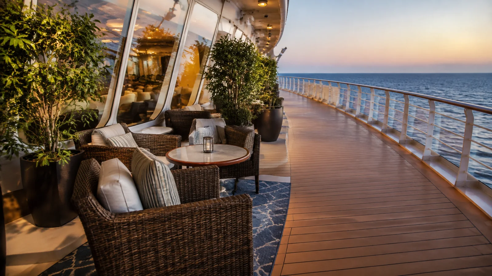Wicker seating and potted plants line a ship promenade at sunset.