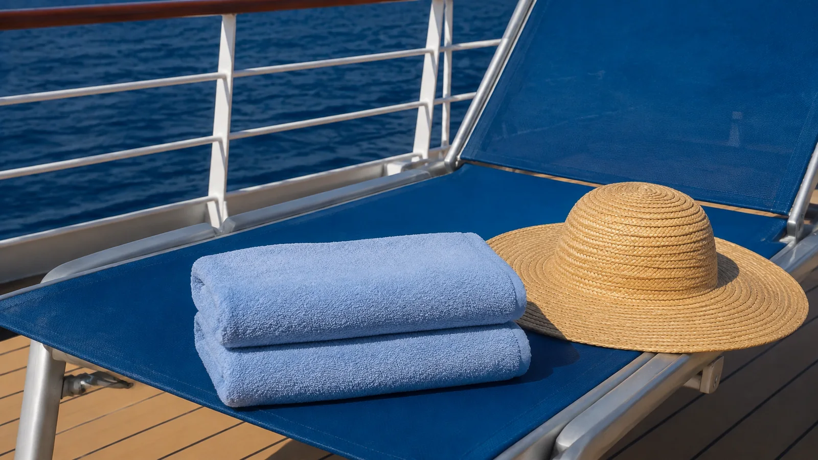 Folded blue towels and straw hat rest on a sun lounger.