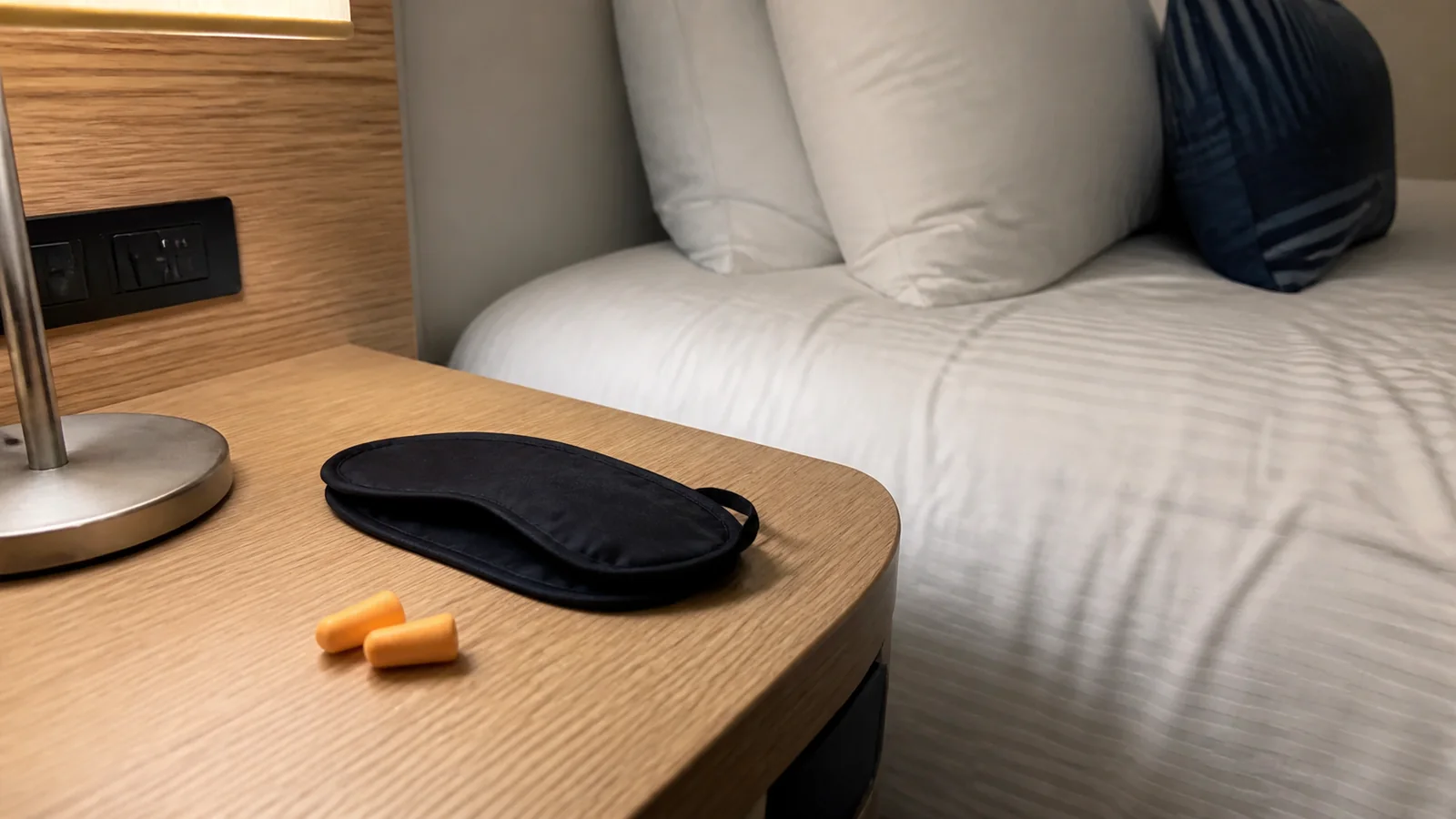Black sleep mask and orange earplugs sit beside a bedside lamp.