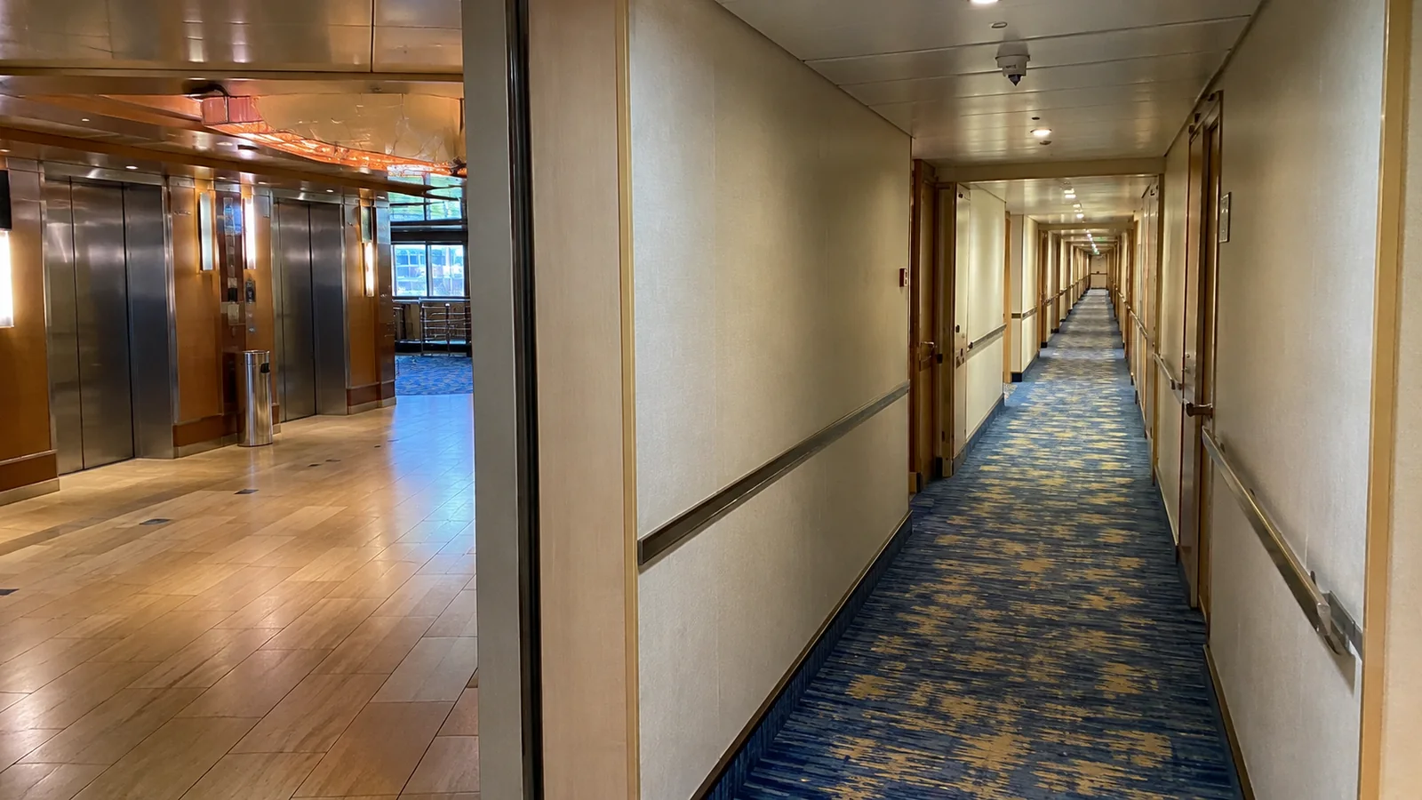 Carpeted cabin corridor opening onto a brighter public area.