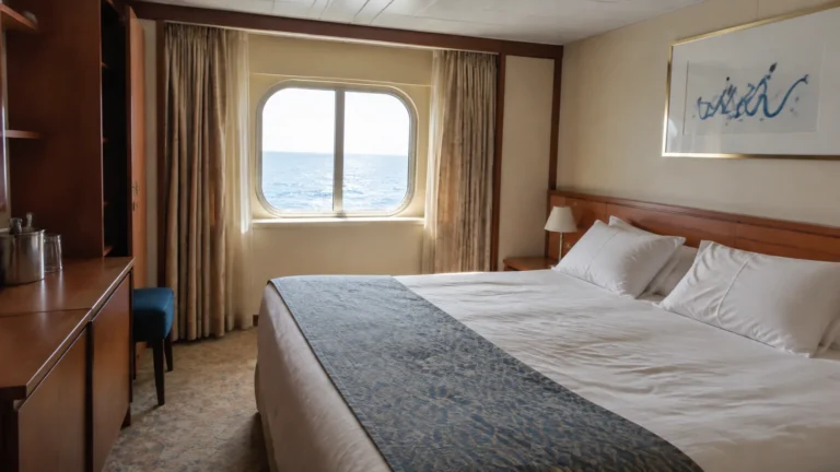 Double bed and wooden cabinetry in a cabin with a sea-view window.