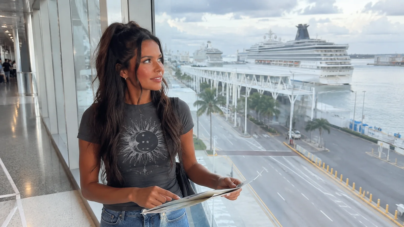 Woman standing inside a cruise terminal beside a window with docked ships outside