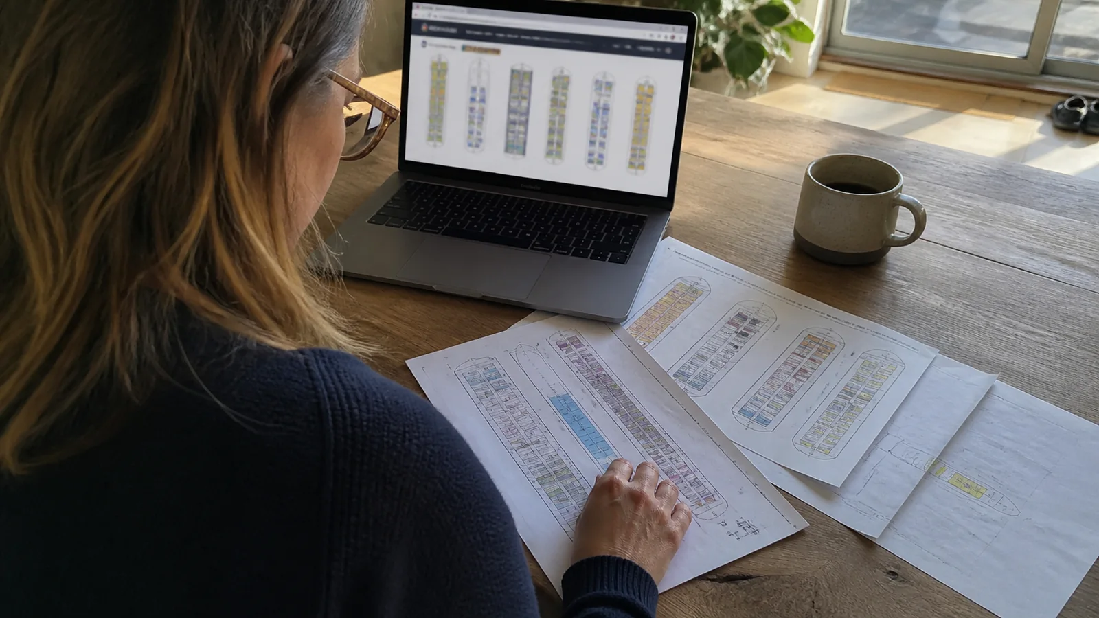 Woman reviewing printed cruise ship deck plans at a table with a laptop